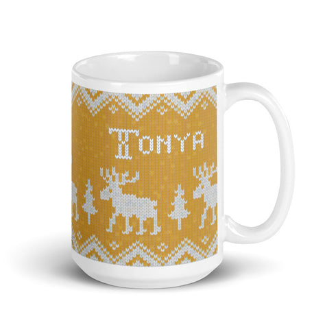 Scandinavian Moose Mug, Knitting Name Mug, Christmas Sweater Mug